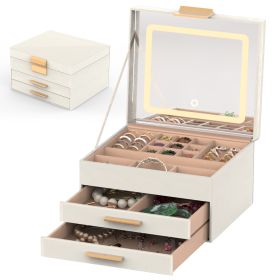 1 Set Jewelry Box With LED Mirror 3 Layer Jewelry Organizer With 2 Drawers PU Jewelry Holder With 3 Mirror Light Colors Dimmable For Earrings Rings Br