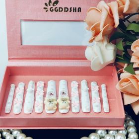GGddsha White Long Nails With Cute Bear Rose Bow DesignReusable PMMA Acrylic Handmade Nails Full Deluxe 3D FakeNails With Pearls W Box Ladies Gift,Bla (Option: M)