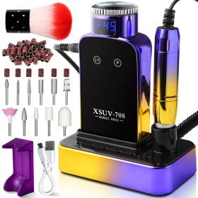 Professional Electric Nail Drill, 45000 RPM Cordless Rechargeable E-File Machine, With 12 Bits, Sanding Bands, LCD Display For Acrylic Gel Nails (Color: Purple)