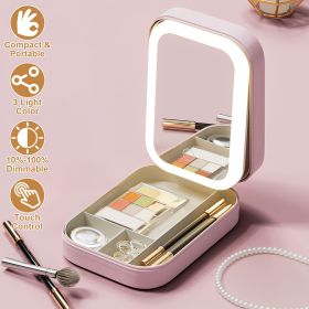 1Pc Portable Travel Makeup Bag With LED Mirror Rechargeable Beauty Mirror With 3 Color Light Dimmable Brightness Waterproof Cosmetic Bag With 4 Compar (Color: Pink)