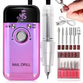 Electric Nail Drill Professional 45000RPM - Rechargeable Nail Drill Kit Portable Electric Nail File With Complete Bits For Acrylic Nails Gel Polishing (Color: Purple)