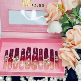 GGddsha Long Handmade PMMA Acrylic Nails Red WithSnowflake Rhinestone Bell Design Reusable Full CoverageFalse Nail Ladies False Nail Set,Lumiere Neige (Option: M)